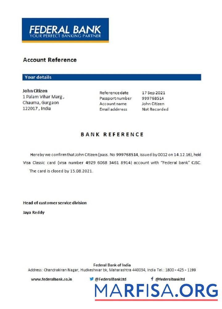 Downloadable India Federal bank closure reference sample